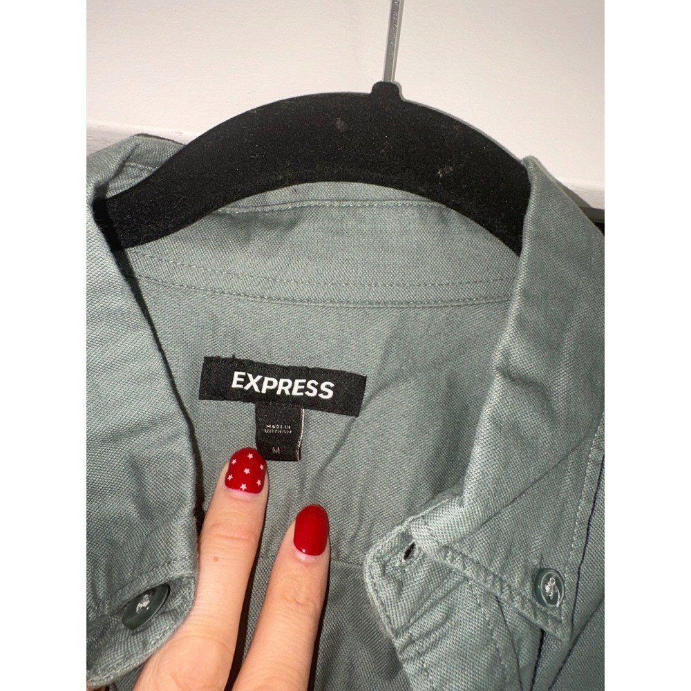 Express Mens Long Sleeve Button Down Shirt Sage Green Olive Cotton Twill Medium - Picture 2 of 4